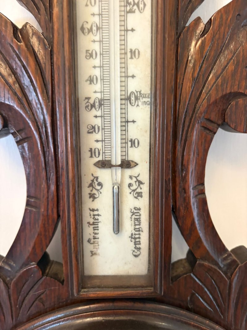 Antique Carved Oak Aneroid Barometer with Thermometer - Image 6